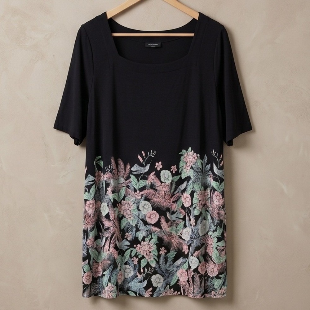 J. Jill Wearever Collection 2X Black Floral Border Print Ling Slinky Tunic Top